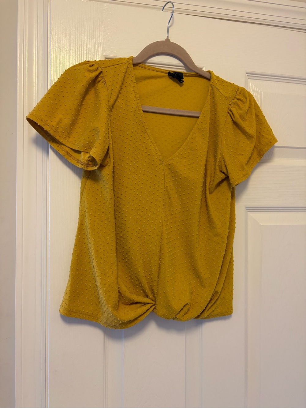 W5 Mustard V-Neck Short Sleeve Twist-Hem Blouse